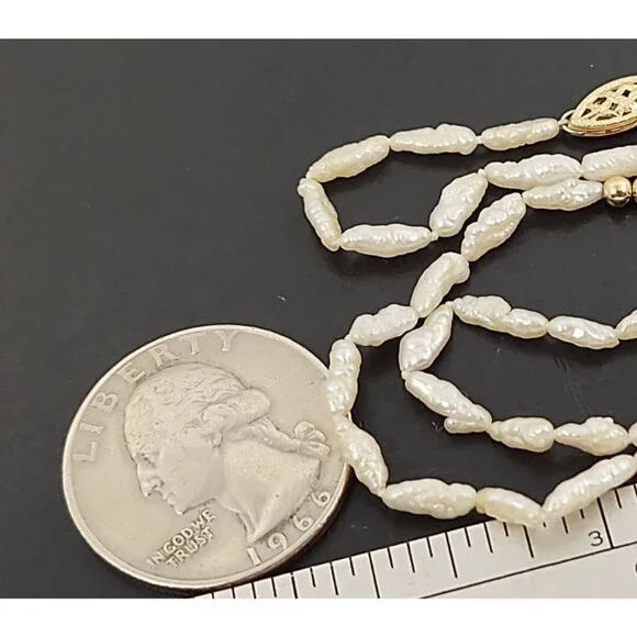 Vintage Freshwater Rice Pearl Necklace 17" w/ 14K Gold Bead Spacers & Clasp - Picture 7 of 12